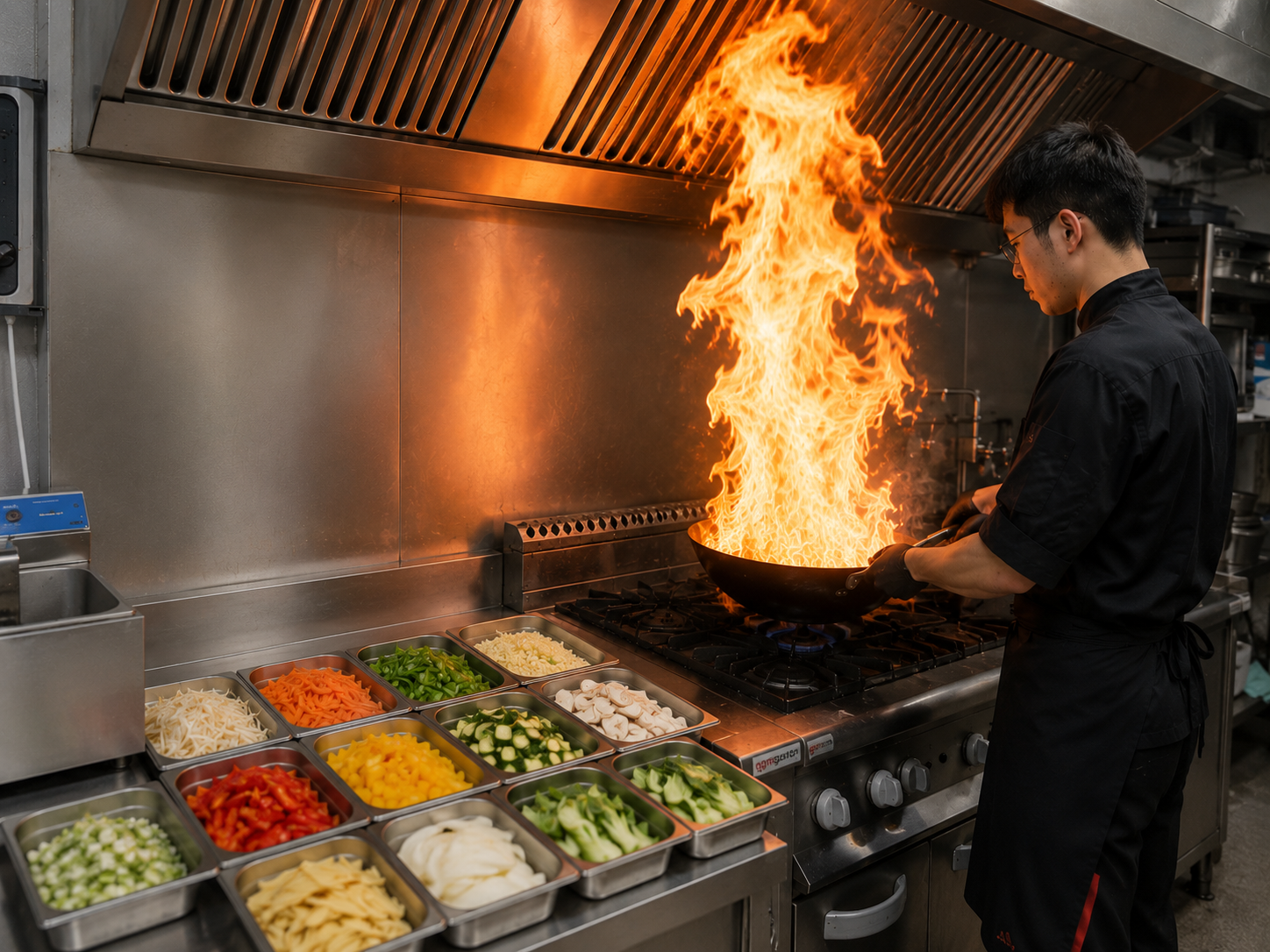 Cuisson au wok dans la cuisine du Restaurant Namo